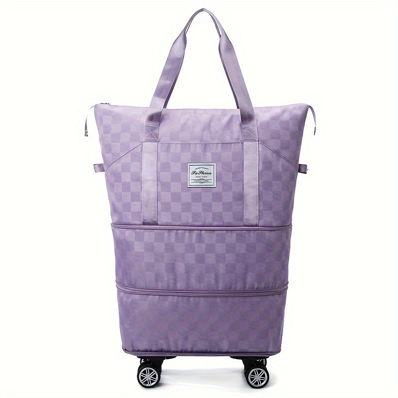 Versatile Expandable Travel Bag with Wheels - Large Capacity, Foldable Nylon Luggage in Checkered Design, Dry/Wet Separation, Fits Trolley Cases, with Adjustable Straps for Sports, Fitness & Moving - Available in Multiple Col