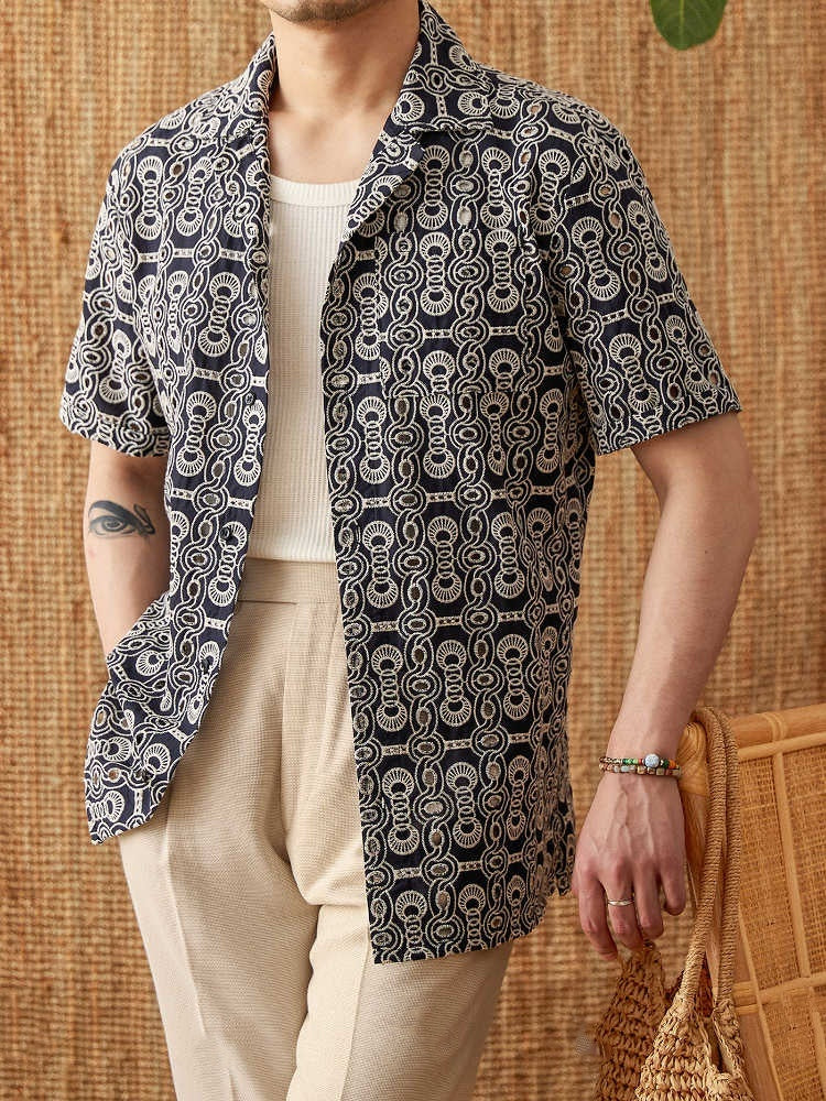 Vintage Embroidered Cotton Casual Cuban Collar Short Sleeve Printed Shirt