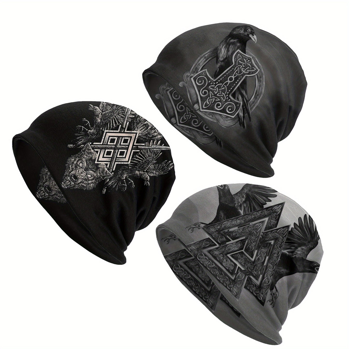 1pc Viking Thin Skullies Beanies Caps Hammer Of Thor Raven Wolf Hat For Unisex Ski Cap.