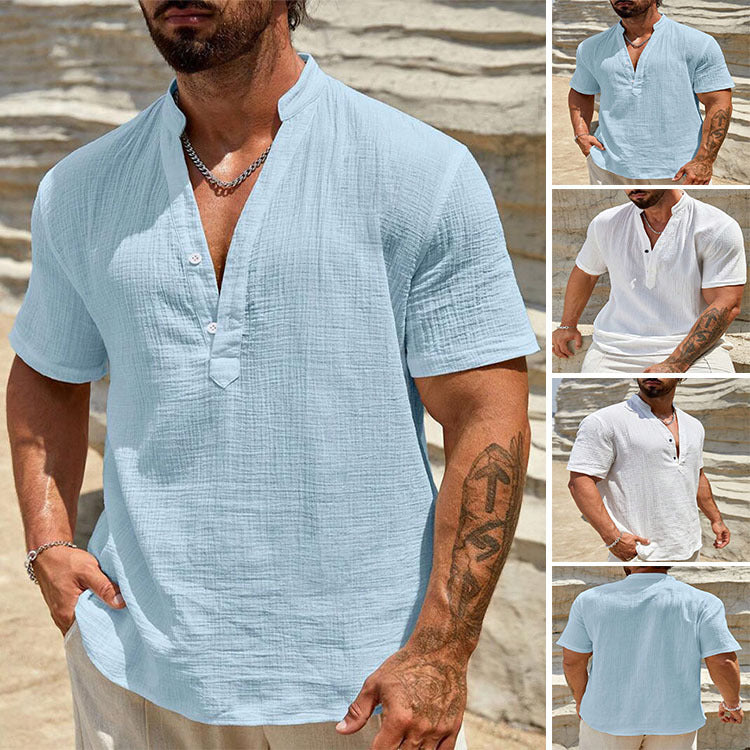 Men's Cotton And Linen Double-layer Solid Color Cuban Collar Short Sleeve Shirt