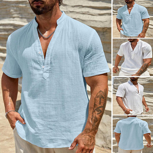 Men's Cotton And Linen Double-layer Solid Color Cuban Collar Short Sleeve Shirt