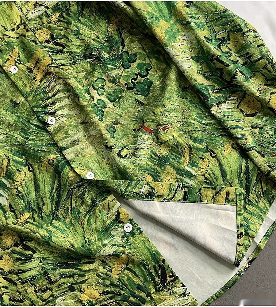 Grass Green Plant Oil Painting Floral Long Sleeve Shirt