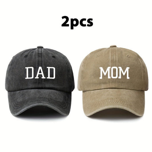 Two Vintage-Style Washed Soft-Top Baseball Caps Featuring The Words 'DAD' And 'MOM', Suitable for Both Men And Women, Perfect for Outdoor Activities, And Adjustable to Fit All Seasons.