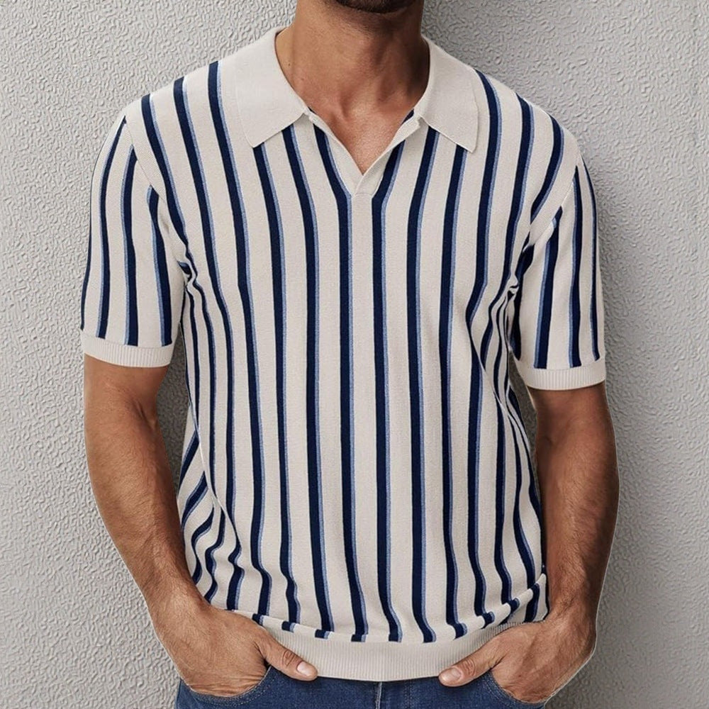 High Quality Summer Lapels Temperament Striped Knitted Polo Shirt