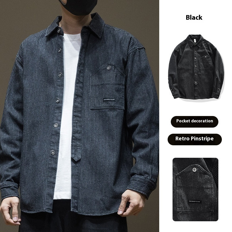 Japanese Style Stripe Denim Men's Long Sleeve Shirt