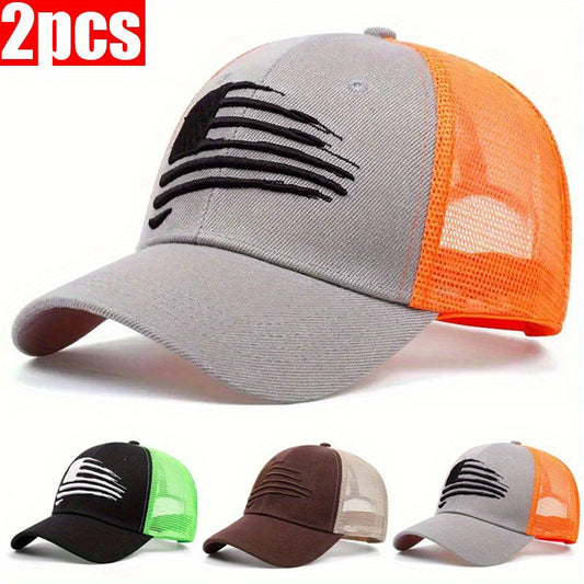 2pcs Patriotic American Flag Embroidered Baseball Caps - Breathable, Adjustable Trucker Hats for Outdoor Activities, Golf, Fishing & Travel, American Flag Hat