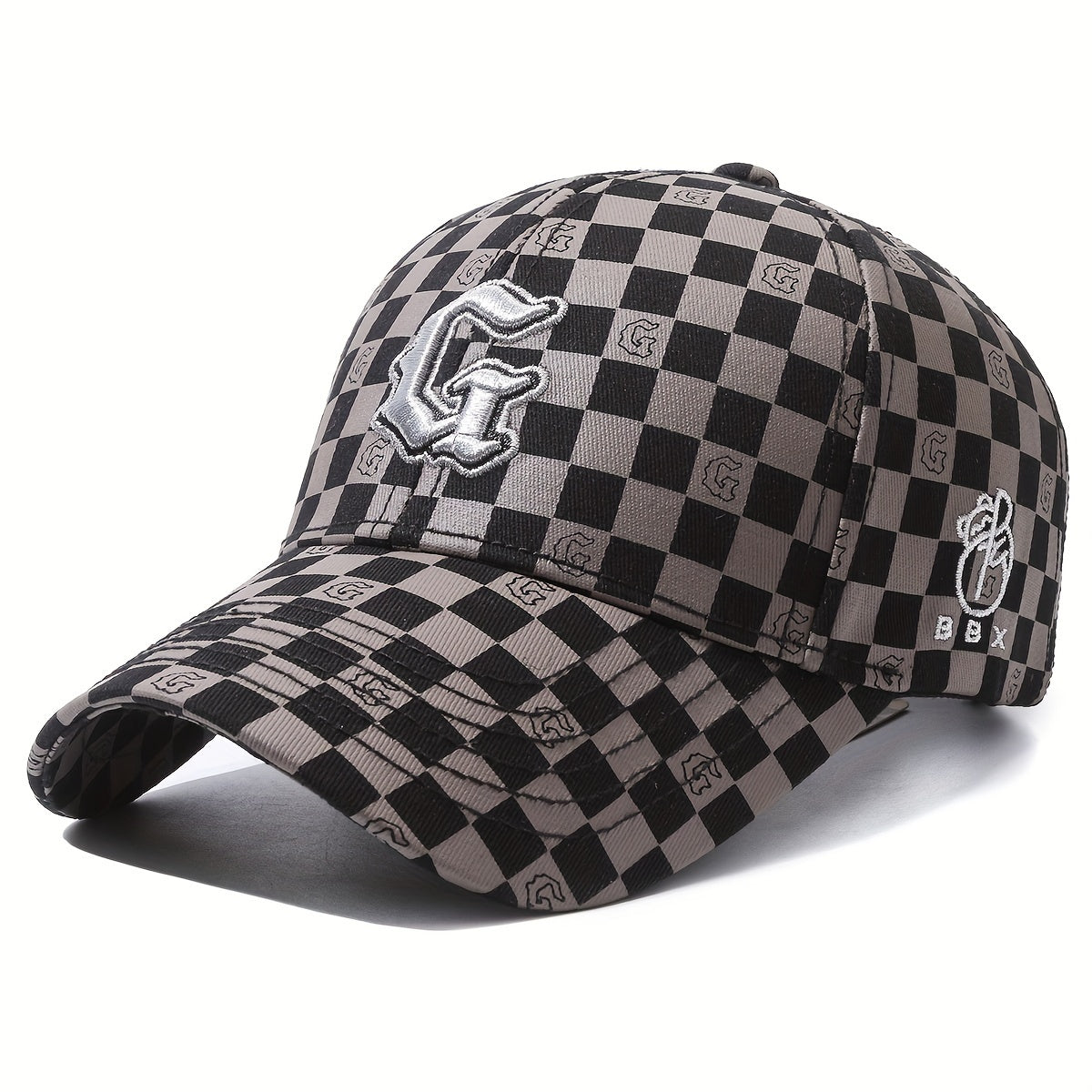Trendy Gothic Curved Brim Baseball Cap - Baseball Caps with Embroidery Letter G, Checkered Pattern, Snapback Design for Casual Leisure Outdoor Sports