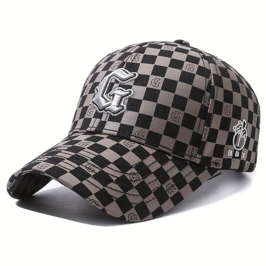 Trendy Gothic Curved Brim Baseball Cap - Baseball Caps with Embroidery Letter G, Checkered Pattern, Snapback Design for Casual Leisure Outdoor Sports