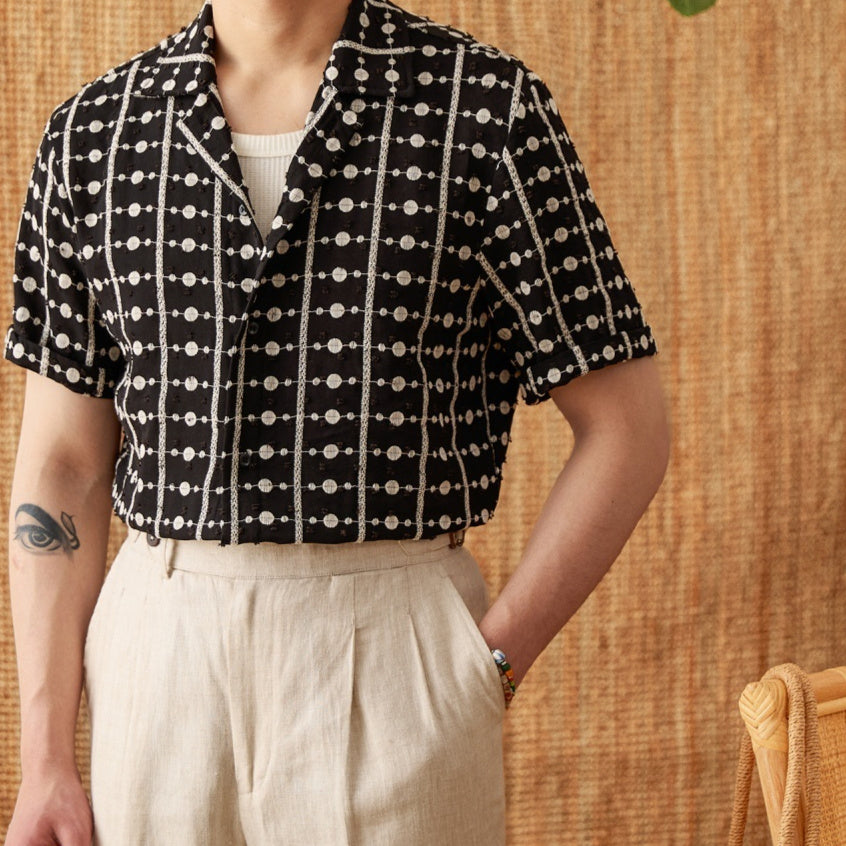 Pure Cotton Embroidery Cuban Collar Short Sleeve Printed Shirt Breathable Casual Shirt