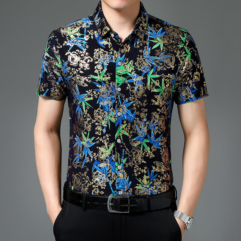 Summer Men's Middle-aged Printed Shirt Short Sleeve Stretch Ice Silk Leisure