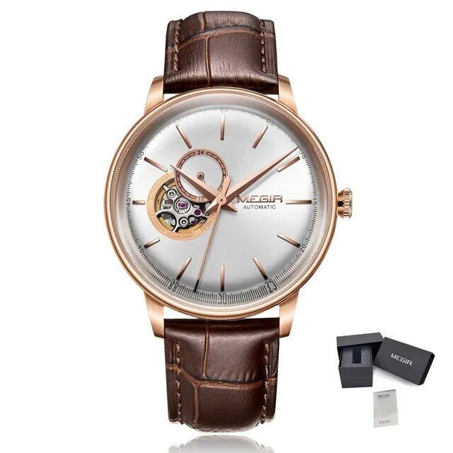 MEGIR Automatic Men's Watch Mechanical Movement Leather Strap Luxury Business Watches 5ATM Waterproof Big Dial Clock Wristwatch-14