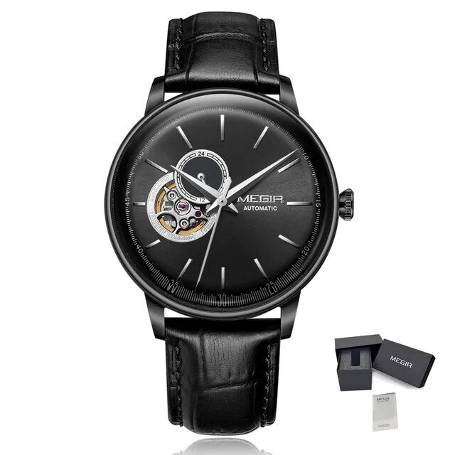 MEGIR Automatic Men's Watch Mechanical Movement Leather Strap Luxury Business Watches 5ATM Waterproof Big Dial Clock Wristwatch-16