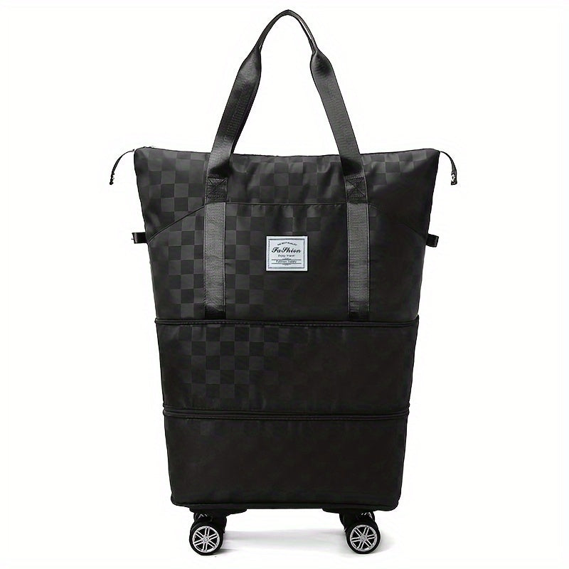 Versatile Expandable Travel Bag with Wheels - Large Capacity, Foldable Nylon Luggage in Checkered Design, Dry/Wet Separation, Fits Trolley Cases, with Adjustable Straps for Sports, Fitness & Moving - Available in Multiple Col