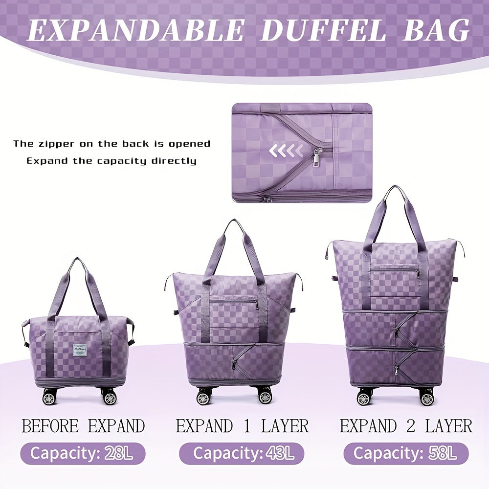 Versatile Expandable Travel Bag with Wheels - Large Capacity, Foldable Nylon Luggage in Checkered Design, Dry/Wet Separation, Fits Trolley Cases, with Adjustable Straps for Sports, Fitness & Moving - Available in Multiple Col