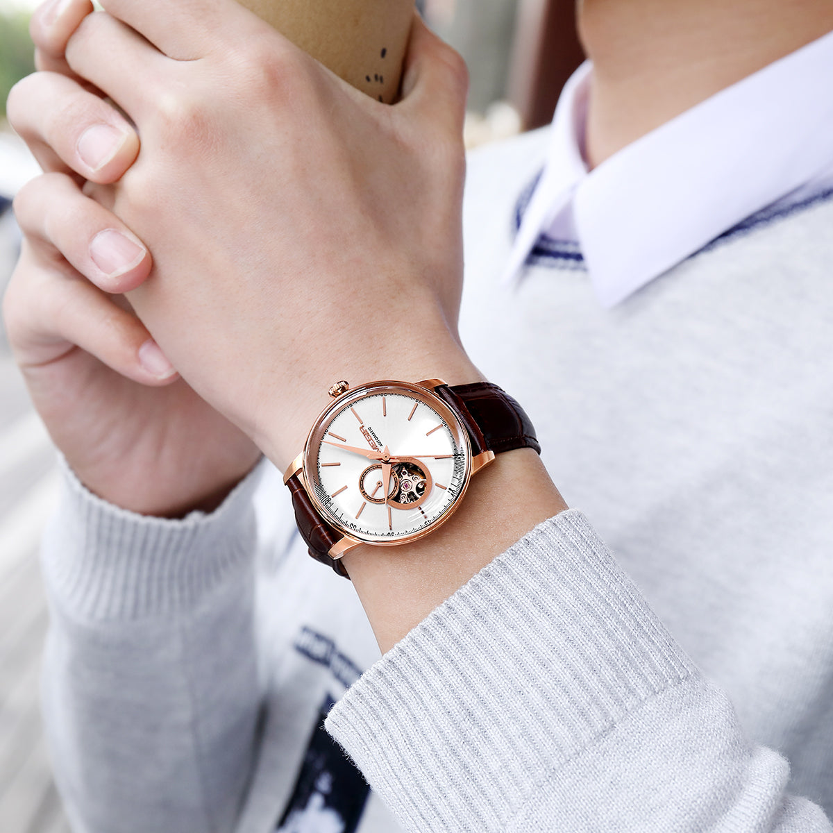 MEGIR Automatic Men's Watch Mechanical Movement Leather Strap Luxury Business Watches 5ATM Waterproof Big Dial Clock Wristwatch-1