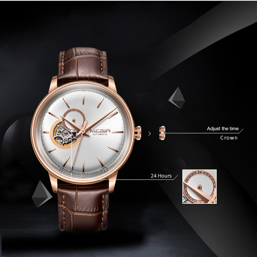 MEGIR Automatic Men's Watch Mechanical Movement Leather Strap Luxury Business Watches 5ATM Waterproof Big Dial Clock Wristwatch-8