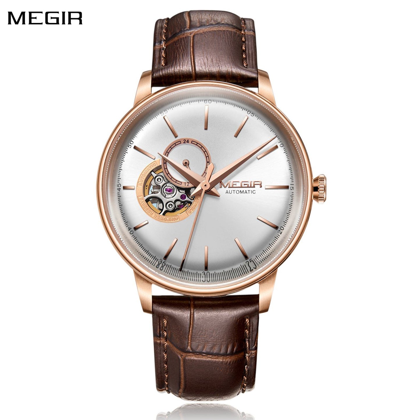MEGIR Automatic Men's Watch Mechanical Movement Leather Strap Luxury Business Watches 5ATM Waterproof Big Dial Clock Wristwatch-0