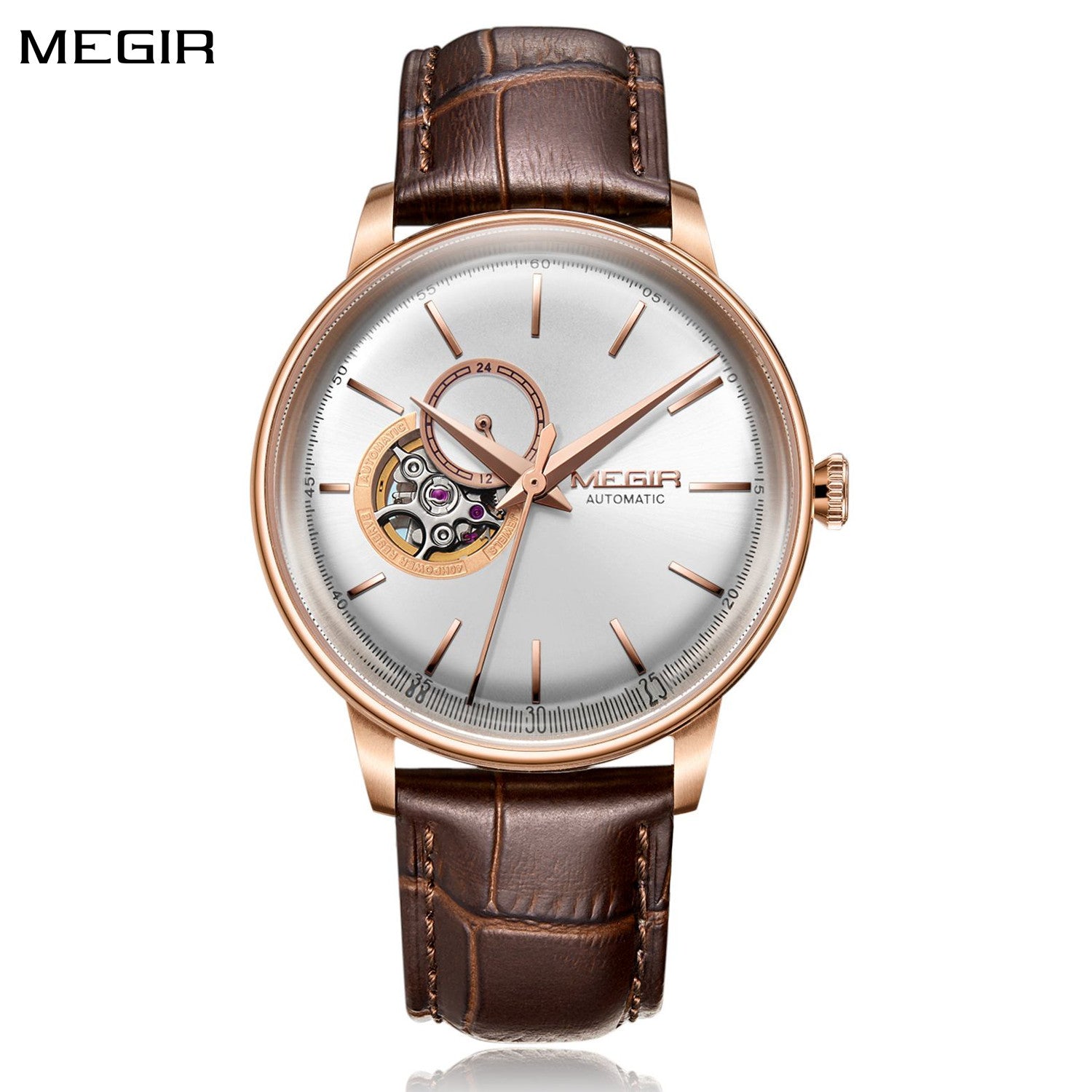 MEGIR Automatic Men's Watch Mechanical Movement Leather Strap Luxury Business Watches 5ATM Waterproof Big Dial Clock Wristwatch-0