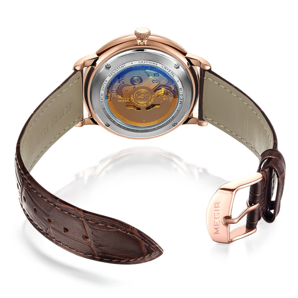 MEGIR Automatic Men's Watch Mechanical Movement Leather Strap Luxury Business Watches 5ATM Waterproof Big Dial Clock Wristwatch-13