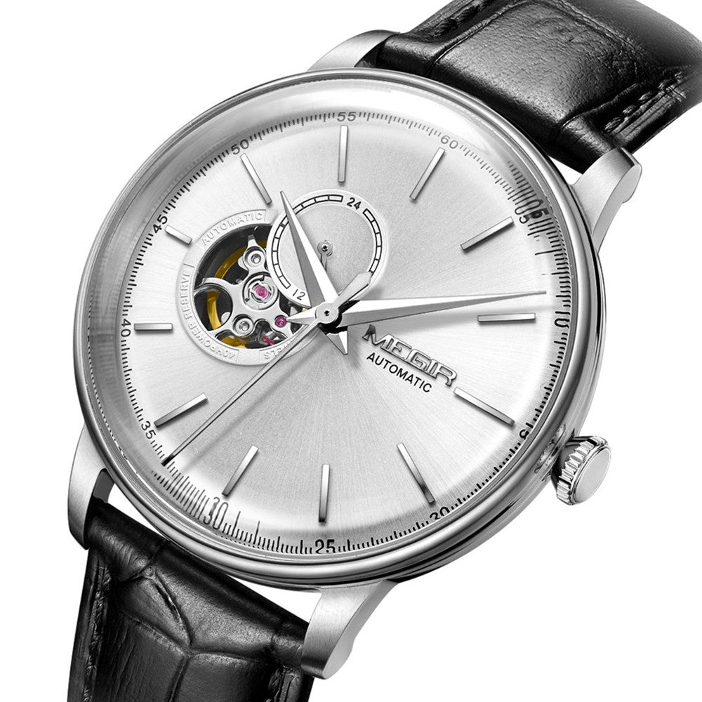 MEGIR Automatic Men's Watch Mechanical Movement Leather Strap Luxury Business Watches 5ATM Waterproof Big Dial Clock Wristwatch-11