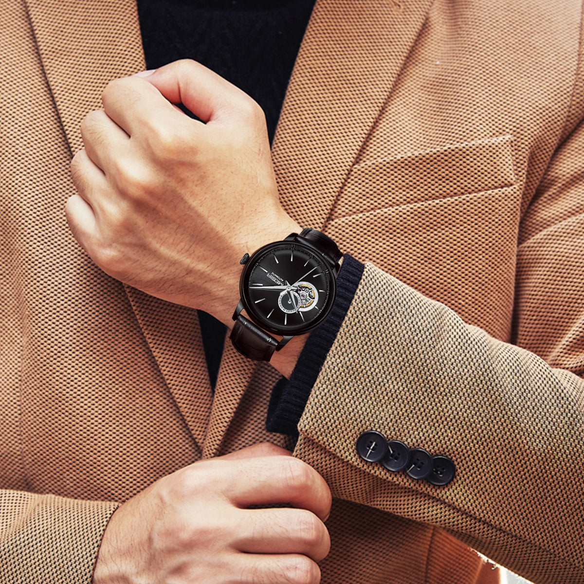 MEGIR Automatic Men's Watch Mechanical Movement Leather Strap Luxury Business Watches 5ATM Waterproof Big Dial Clock Wristwatch-5