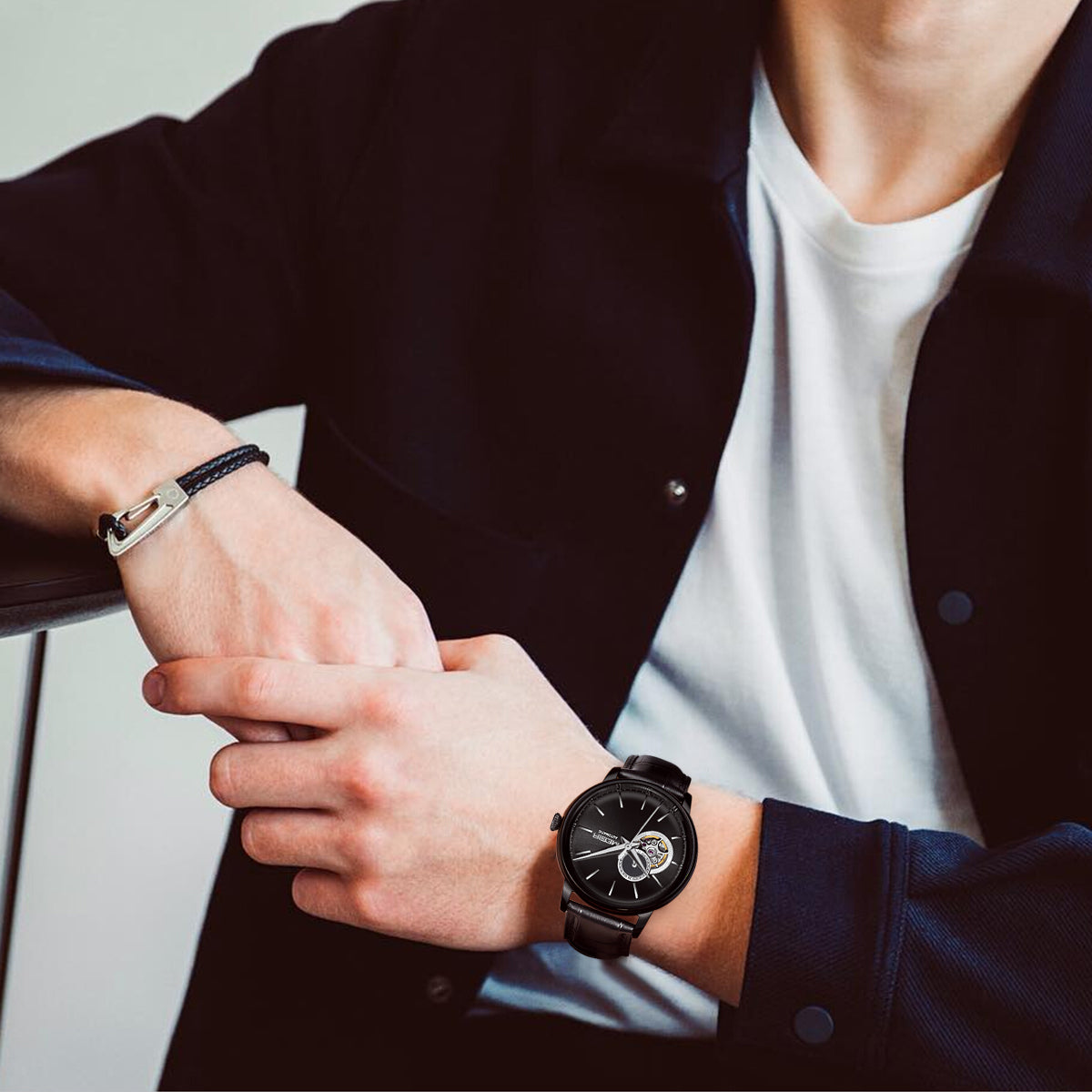 MEGIR Automatic Men's Watch Mechanical Movement Leather Strap Luxury Business Watches 5ATM Waterproof Big Dial Clock Wristwatch-6