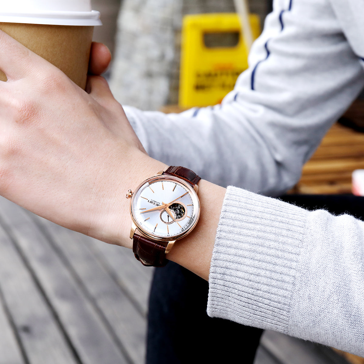 MEGIR Automatic Men's Watch Mechanical Movement Leather Strap Luxury Business Watches 5ATM Waterproof Big Dial Clock Wristwatch-2