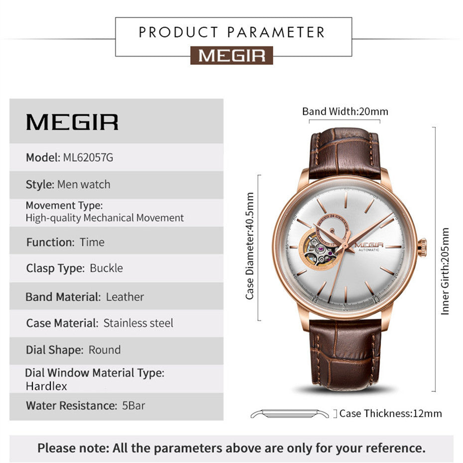 MEGIR Automatic Men's Watch Mechanical Movement Leather Strap Luxury Business Watches 5ATM Waterproof Big Dial Clock Wristwatch-7