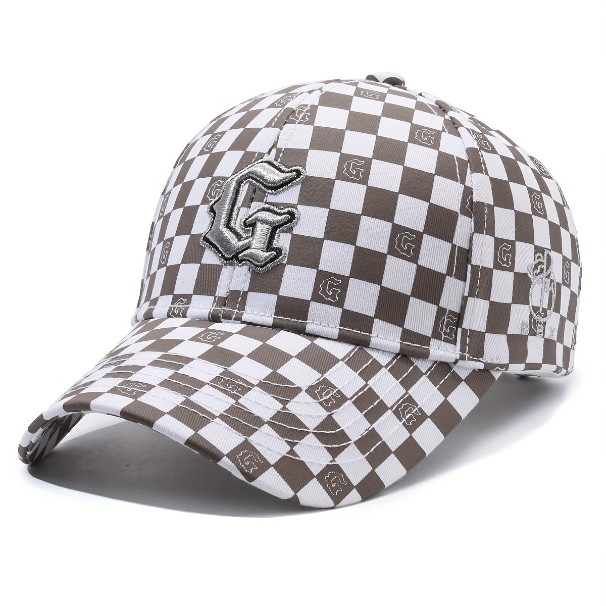 Trendy Gothic Curved Brim Baseball Cap - Baseball Caps with Embroidery Letter G, Checkered Pattern, Snapback Design for Casual Leisure Outdoor Sports