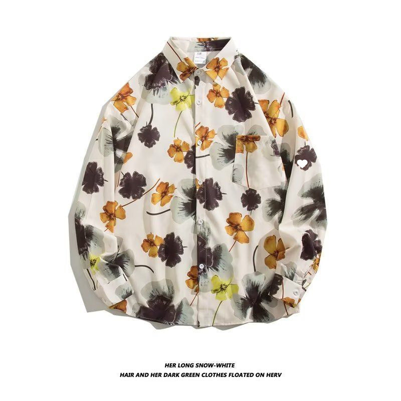 Men's Loose Hong Kong Style Retro Long Sleeve Printed Shirt