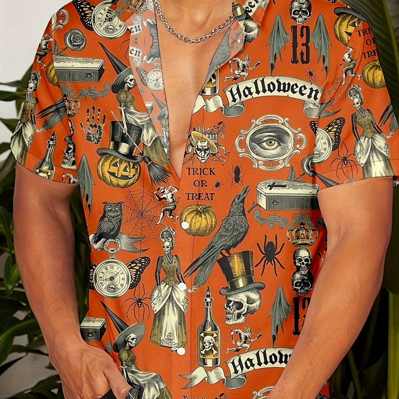 Men's Shirts Halloween Pattern Shirts Casual Fashion Shirts Lapel Shirts Horror Pattern Pumpkin Head Crow Skull Man Print Outdoor Street Short Sleeve Printed Button-down Clothing Fashion Designer Casual Breathable