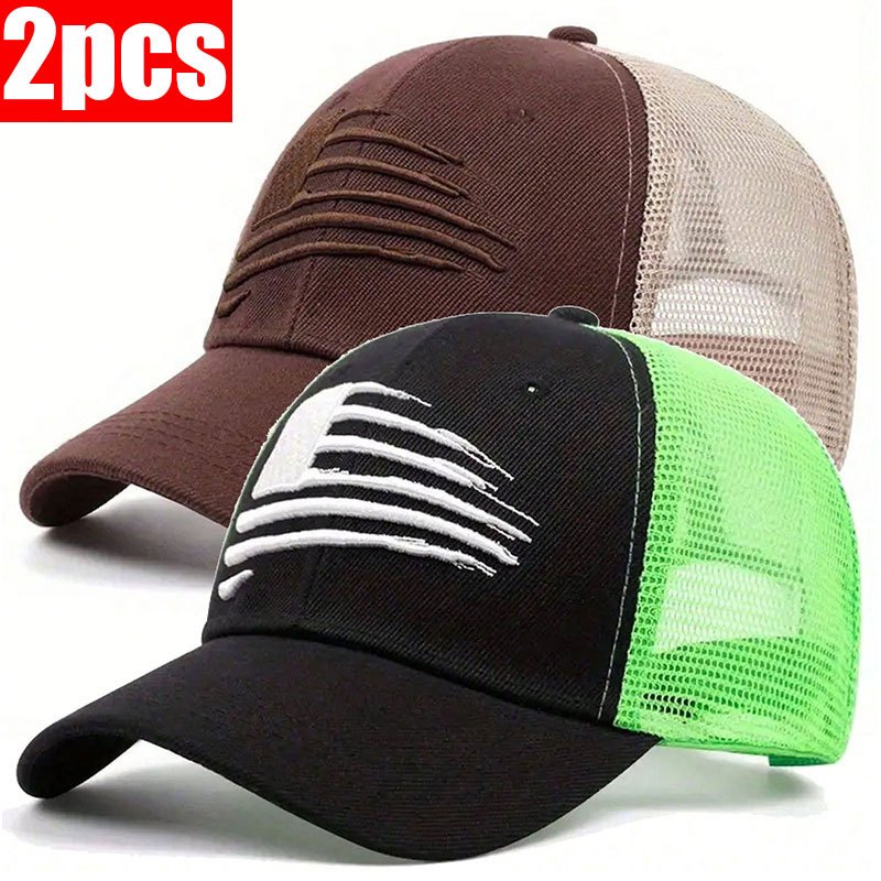 2pcs Patriotic American Flag Embroidered Baseball Caps - Breathable, Adjustable Trucker Hats for Outdoor Activities, Golf, Fishing & Travel, American Flag Hat