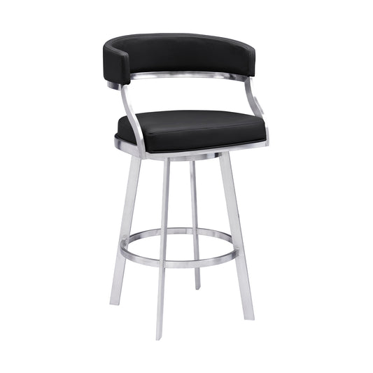 30" Black And Silver Faux Leather And Iron Swivel Low Back Bar Height Bar Chair-0