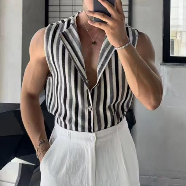 Men's Black And Gray Striped Sleeveless Lapel Shirt
