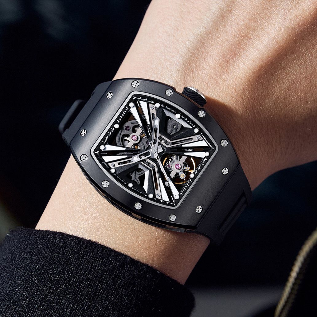 New Skeleton Dial Men's Watch Stainless Steel Case Automatic Mechanical Wristwatches 30M Waterproof Sports Watches Gift 9190-4-2