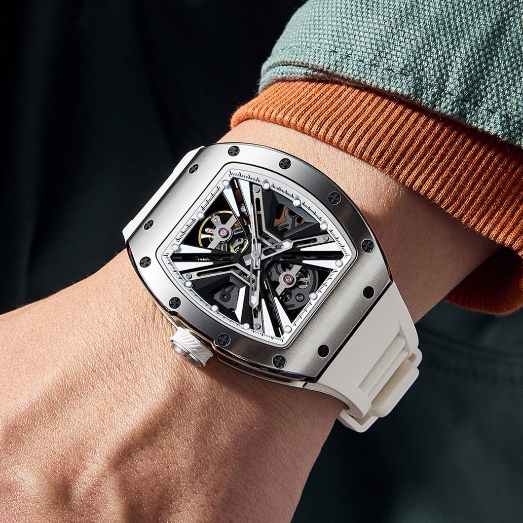 New Skeleton Dial Men's Watch Stainless Steel Case Automatic Mechanical Wristwatches 30M Waterproof Sports Watches Gift 9190-4-4