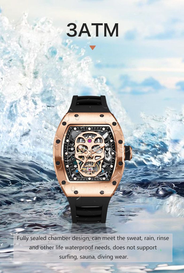 New Men's Watches Skull Hollow Dial Face Mechanical Watch Steel Case Waterproof Sport Wristwatch Automatic Movement Clock 9190-7-9