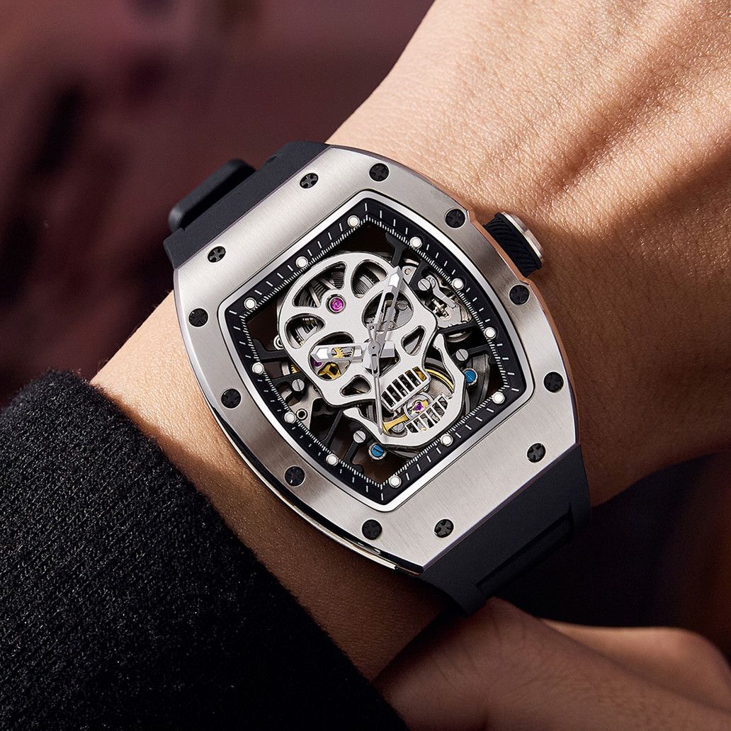 New Men's Watches Skull Hollow Dial Face Mechanical Watch Steel Case Waterproof Sport Wristwatch Automatic Movement Clock 9190-7-3