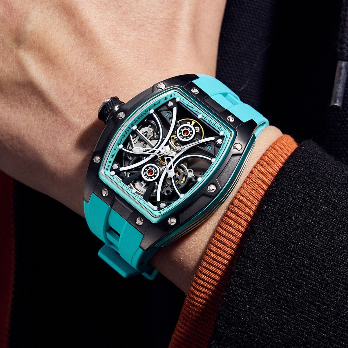 New Men's Sports Watch Fashion Automatic Mechanical Movement Watches Skeleton Luminous Waterproof Business Wristwatches 9198-4-3