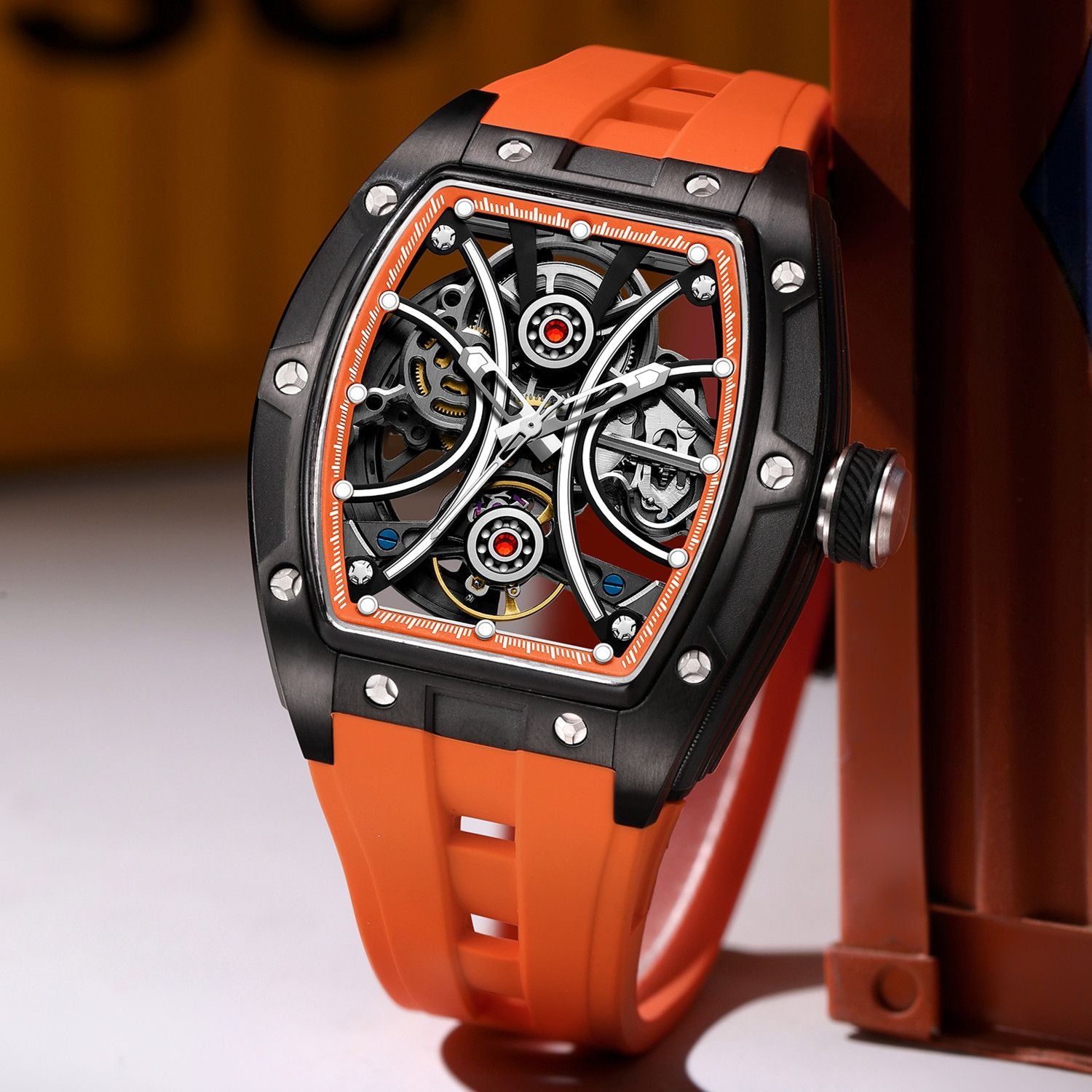 New Men's Sports Watch Fashion Automatic Mechanical Movement Watches Skeleton Luminous Waterproof Business Wristwatches 9198-4-6