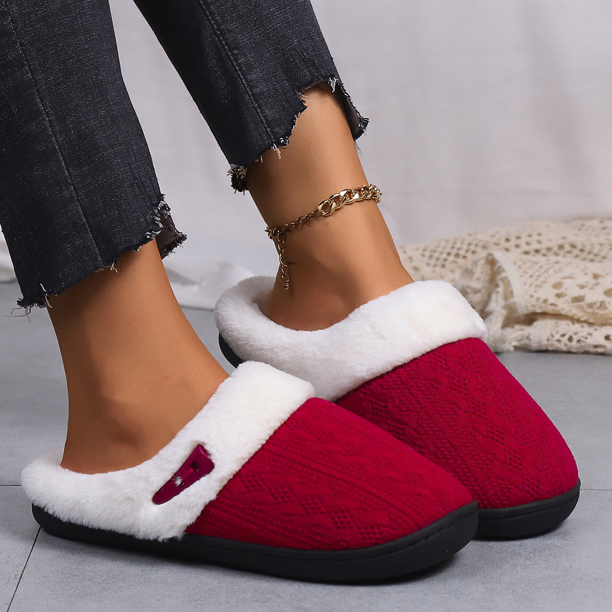 Thick Fabric Slippers Men And Women Warm Couple Cotton Slippers Toe Cap