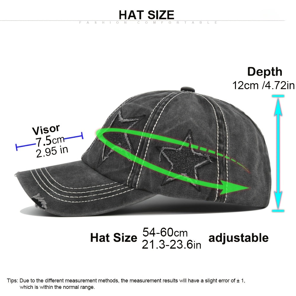 2pcs Women's Distressed Denim Baseball Caps with Ponytail Hole - Navy Blue & Black, Reflective Star Design, Breathable Polyester, Adjustable Fit for All-Season Style