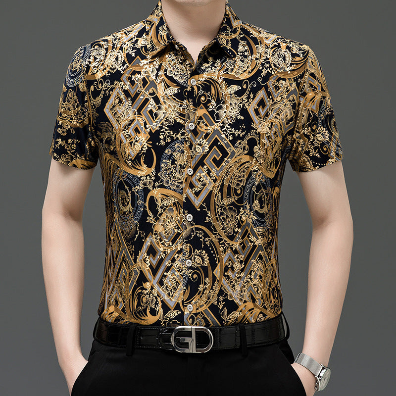 Summer Men's Middle-aged Printed Shirt Short Sleeve Stretch Ice Silk Leisure