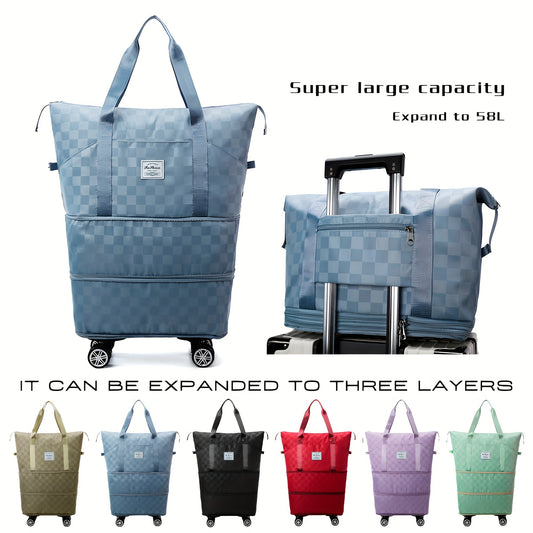 Versatile Expandable Travel Bag with Wheels - Large Capacity, Foldable Nylon Luggage in Checkered Design, Dry/Wet Separation, Fits Trolley Cases, with Adjustable Straps for Sports, Fitness & Moving - Available in Multiple Col