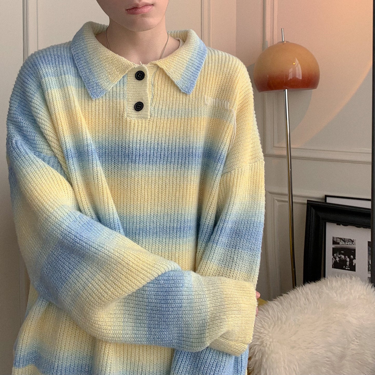 Salt Color Striped Turtleneck Sweater For Men