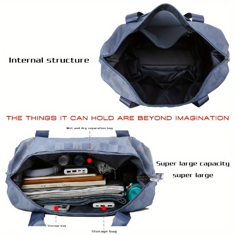 Versatile Expandable Travel Bag with Wheels - Large Capacity, Foldable Nylon Luggage in Checkered Design, Dry/Wet Separation, Fits Trolley Cases, with Adjustable Straps for Sports, Fitness & Moving - Available in Multiple Col