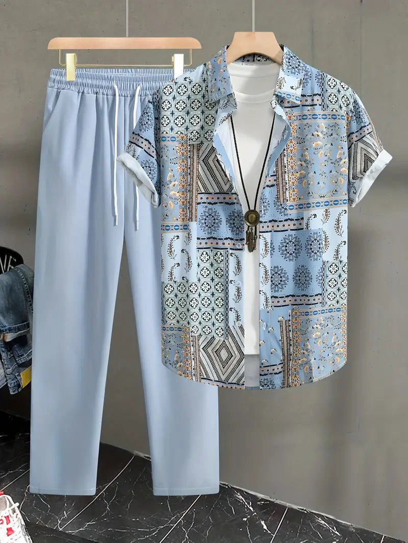 Casual Ethnic Style Short Sleeve Shirt Trousers Suit