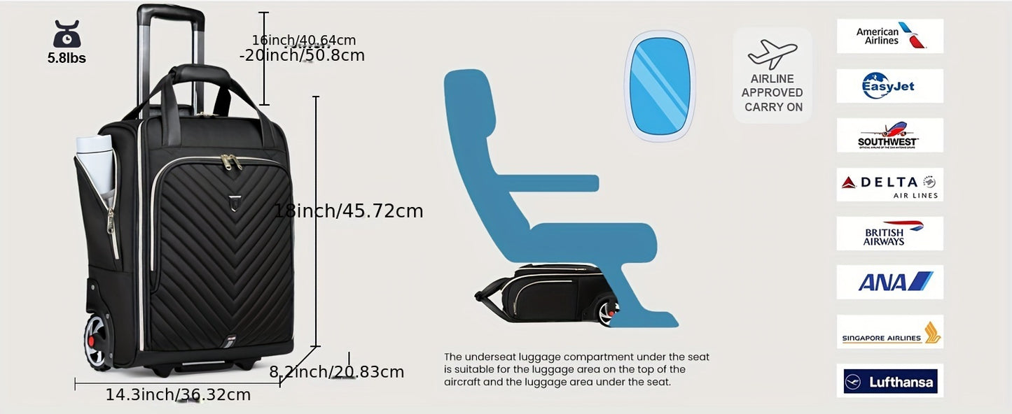 Carry-On Underseat Luggage With Wheels, 18 Inch Carry-on Luggage For Airlines, Underseat Lightweight Suitcase For Women, Softside Overnight Luggage For Business Travel