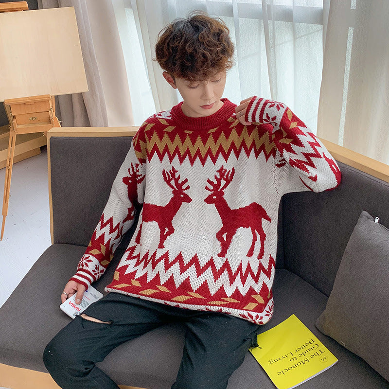 Fawn Round Neck Loose Pullover Sweater Men