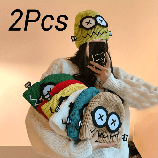 2pcs Cartoon Robot Knit Beanie Hats, Elastic Polyester Hair Caps with Ear Warmer, Hand Washable, Quirky & Playful Design for Daily Wear, Casual Headwear|Quirky Fashion|Elastic Knit Hats